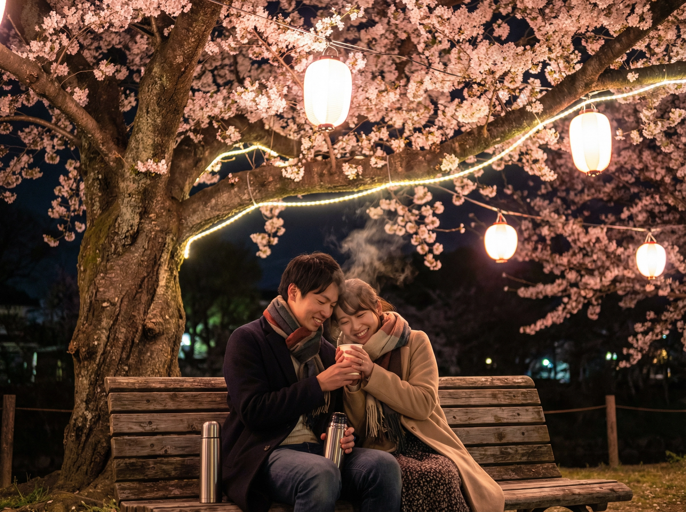夜桜の下で温かい飲み物を分かち合うカップル