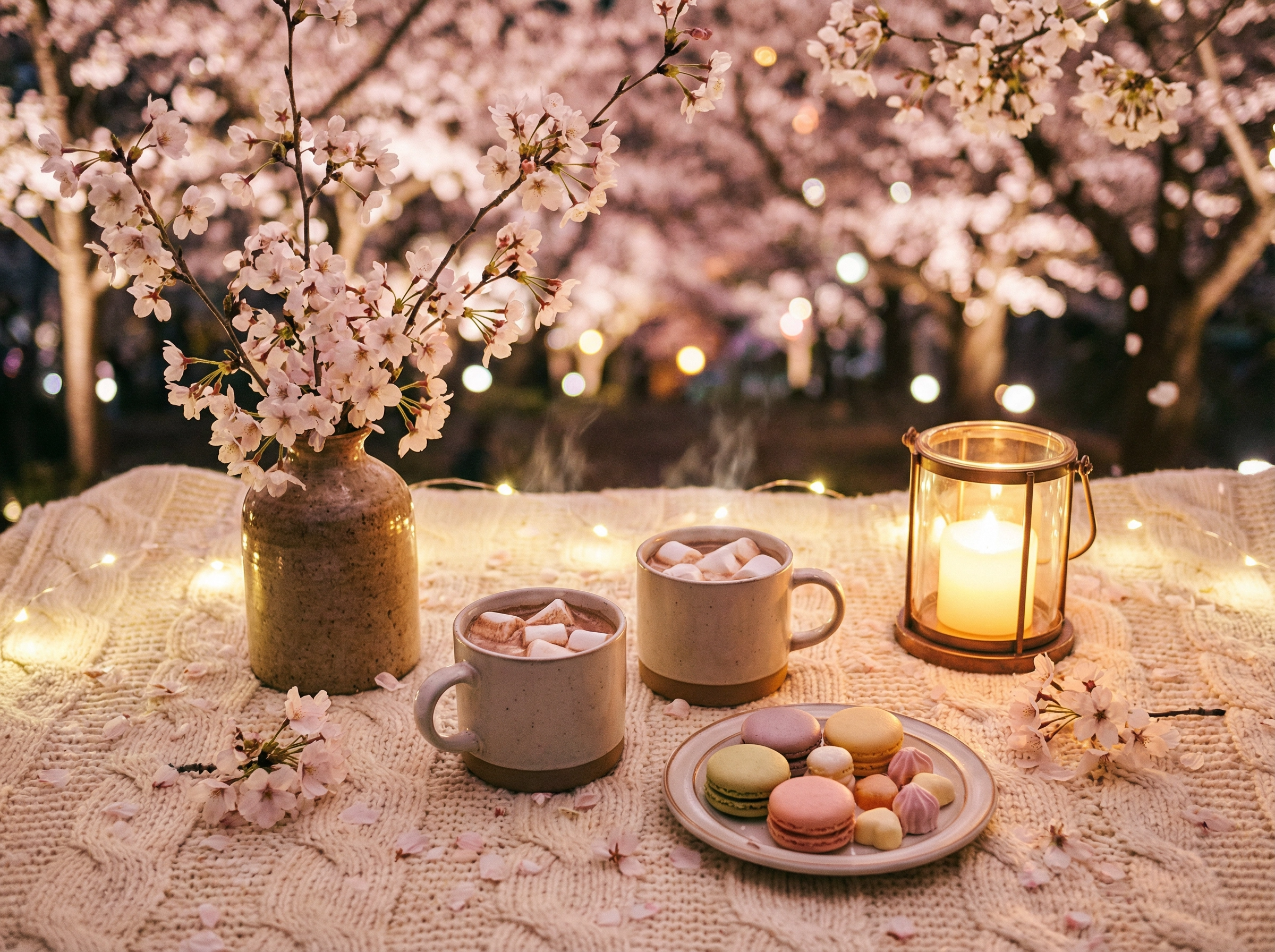 夜桜ピクニックのホットチョコレートとマカロン