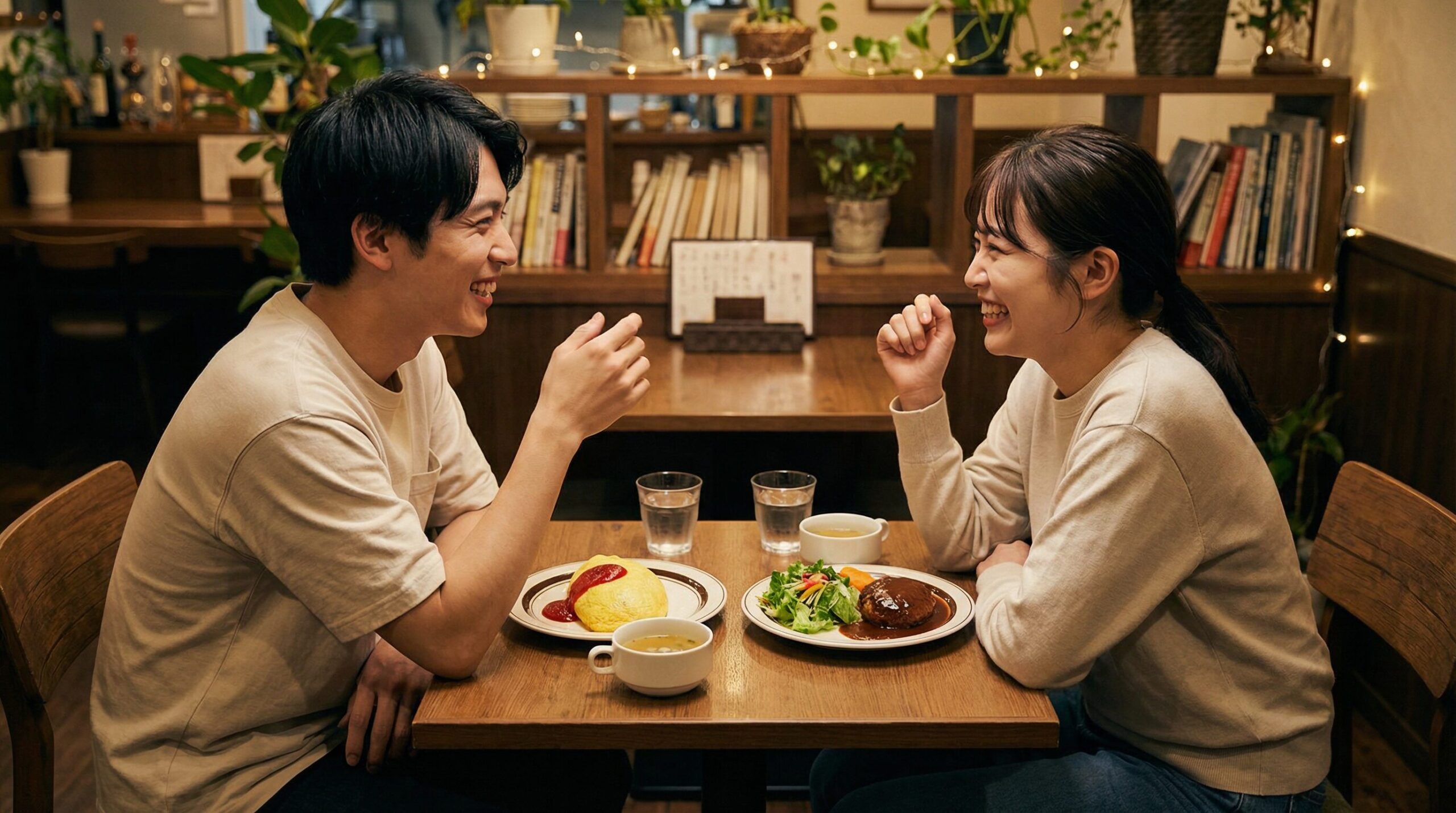 美味しそうな洋食を囲んで楽しそうに会話する二人
