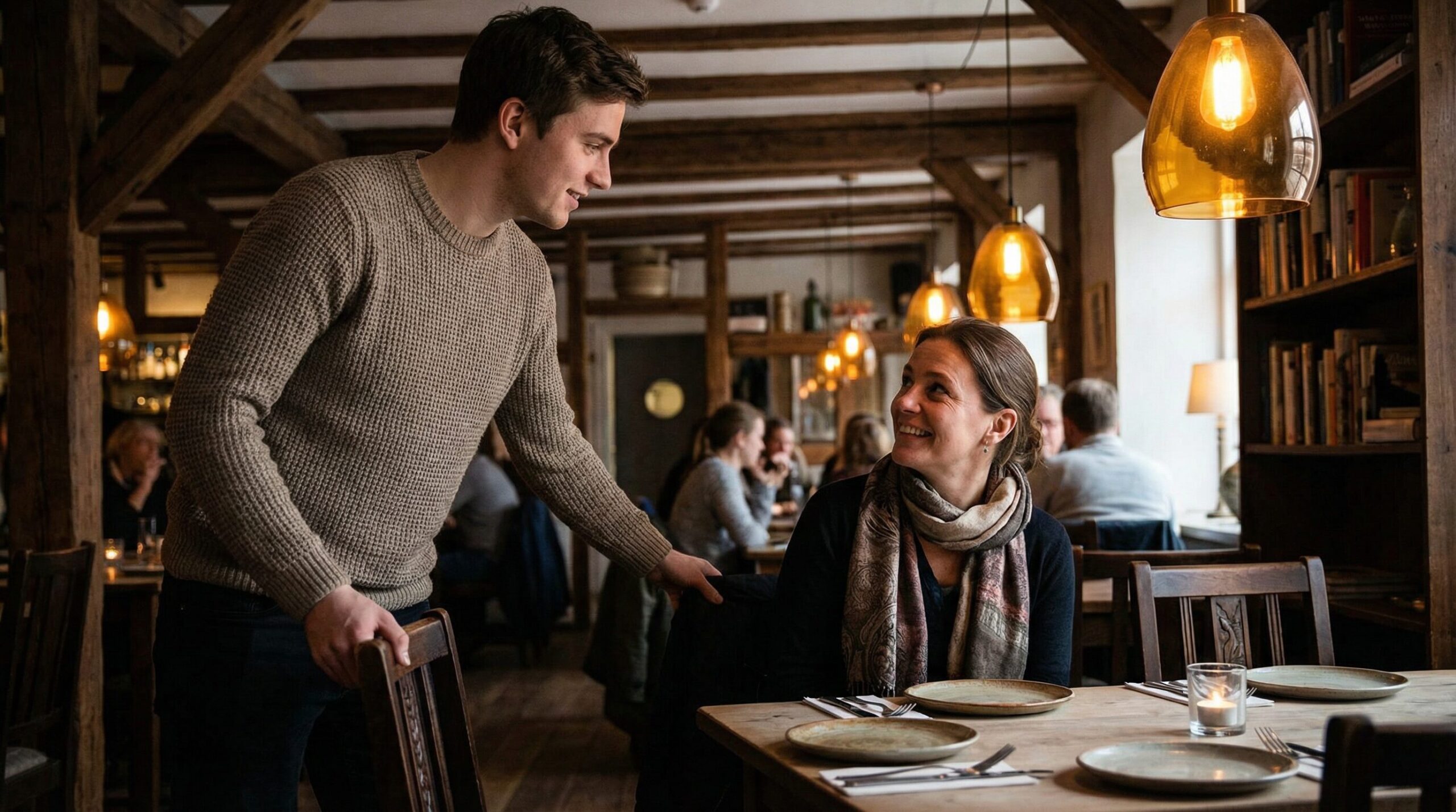 男性が女性のために椅子を引いてエスコートしている様子