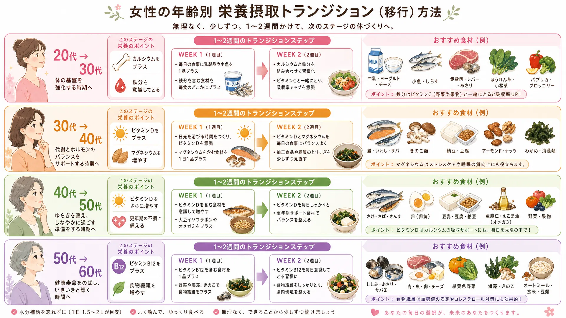 女性の年齢別栄養摂取トランジション(移行)方法
