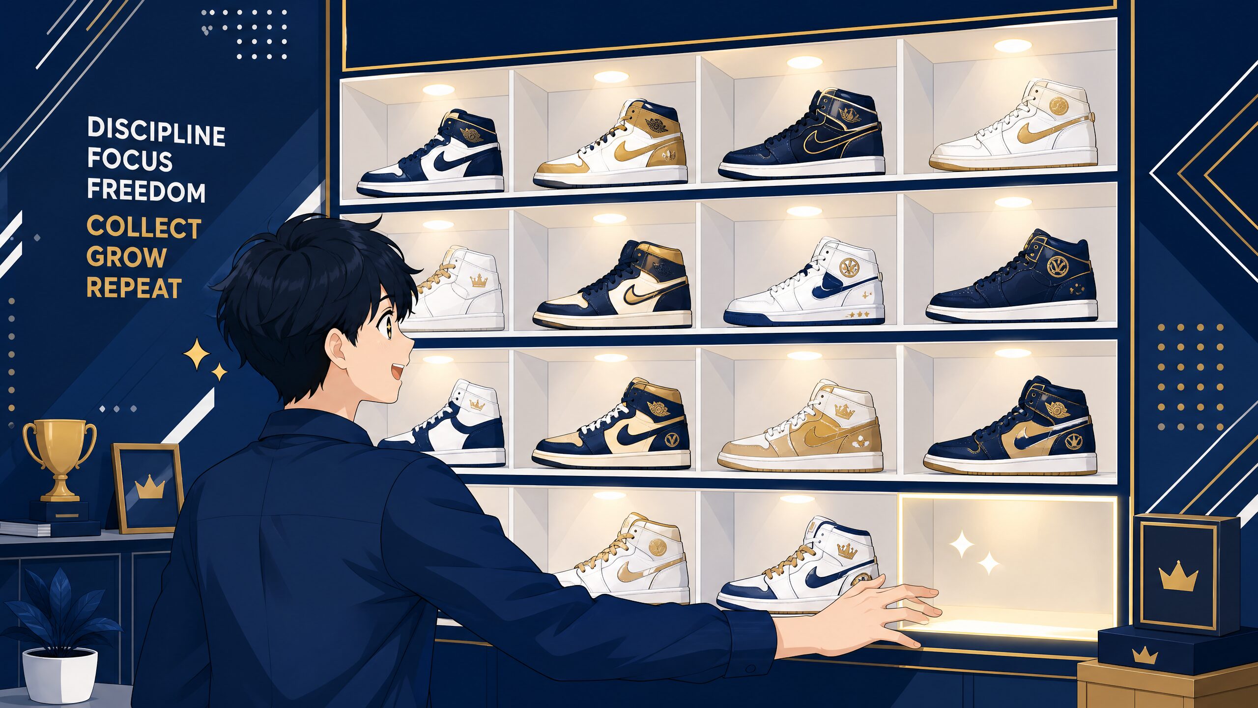 コレクター心理のイラスト:スニーカーコレクションの棚