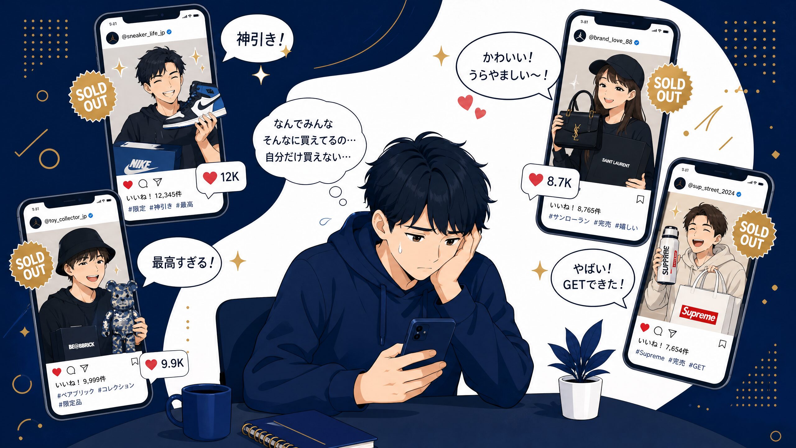 FOMOのイラスト:SNSで限定品を見て焦る人