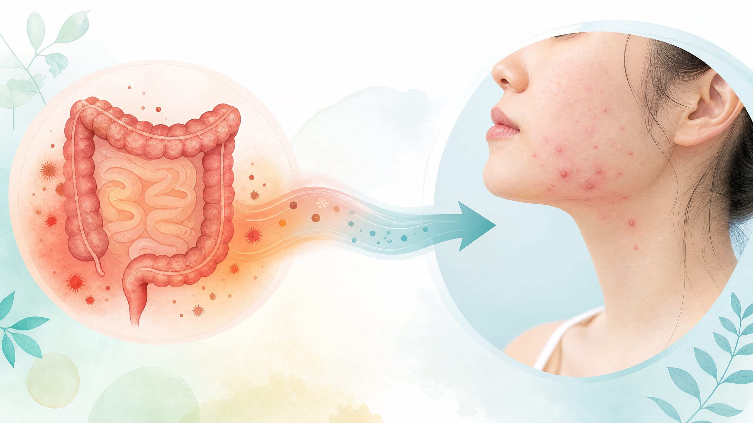 腸内環境の悪化が皮膚に影響する腸-皮膚軸(Gut-Skin Axis)のイメージ図