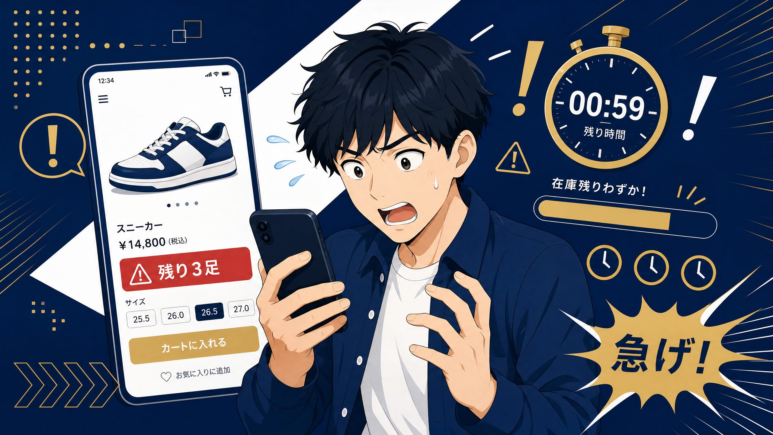 希少性バイアスのイラスト:残り3足の表示を見て焦る人