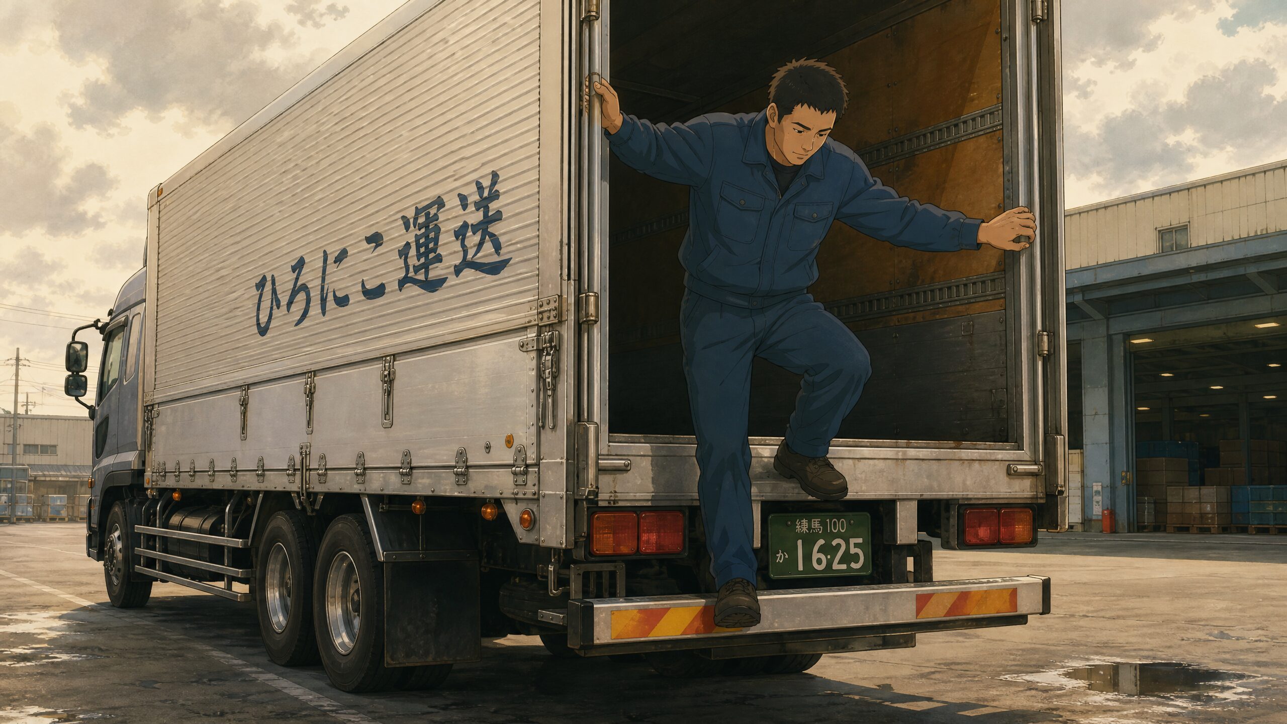 荷台から降りるドライバー