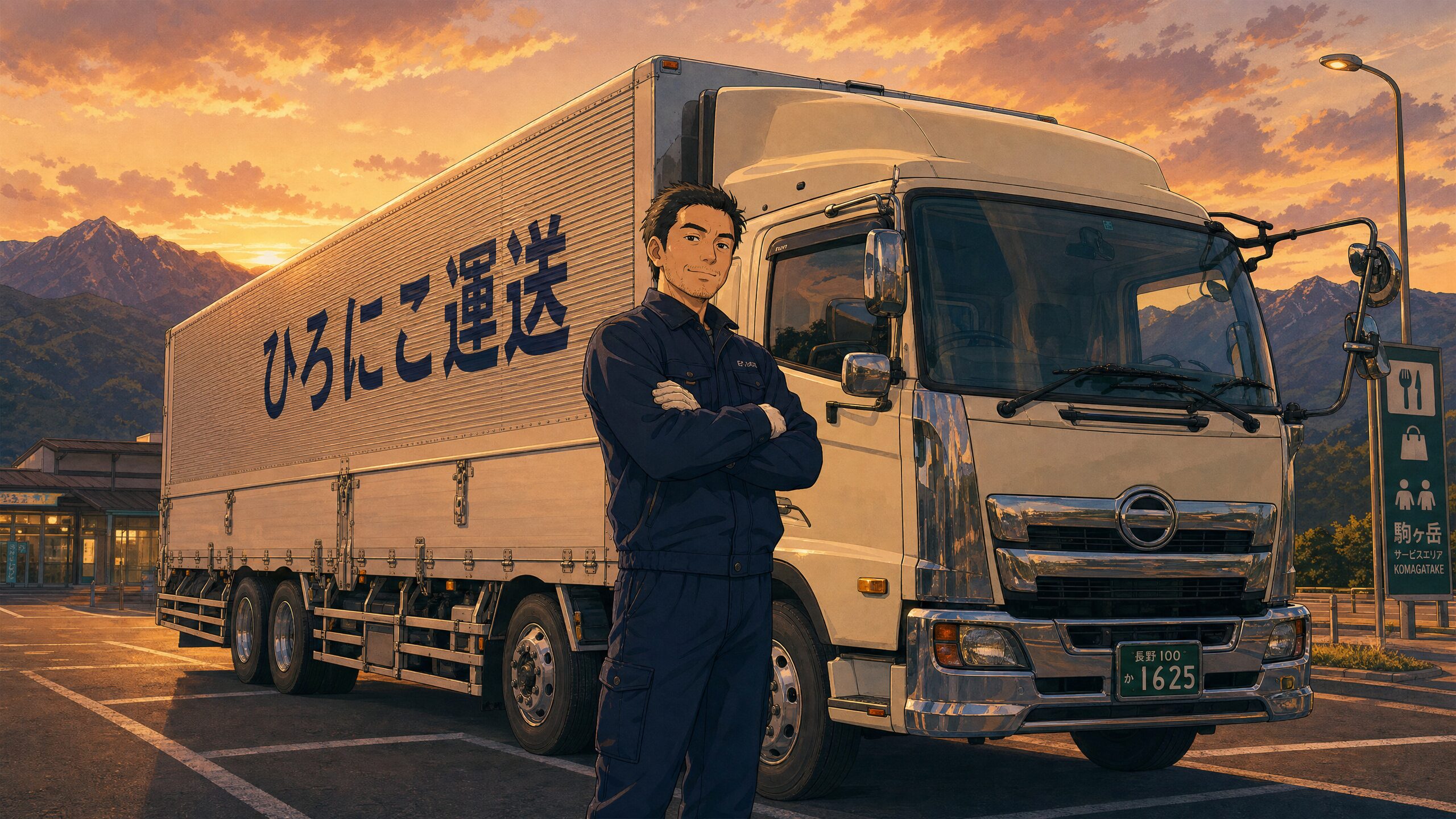 大型10トントラックと現役ドライバーのイメージ（ひろにこ運送）