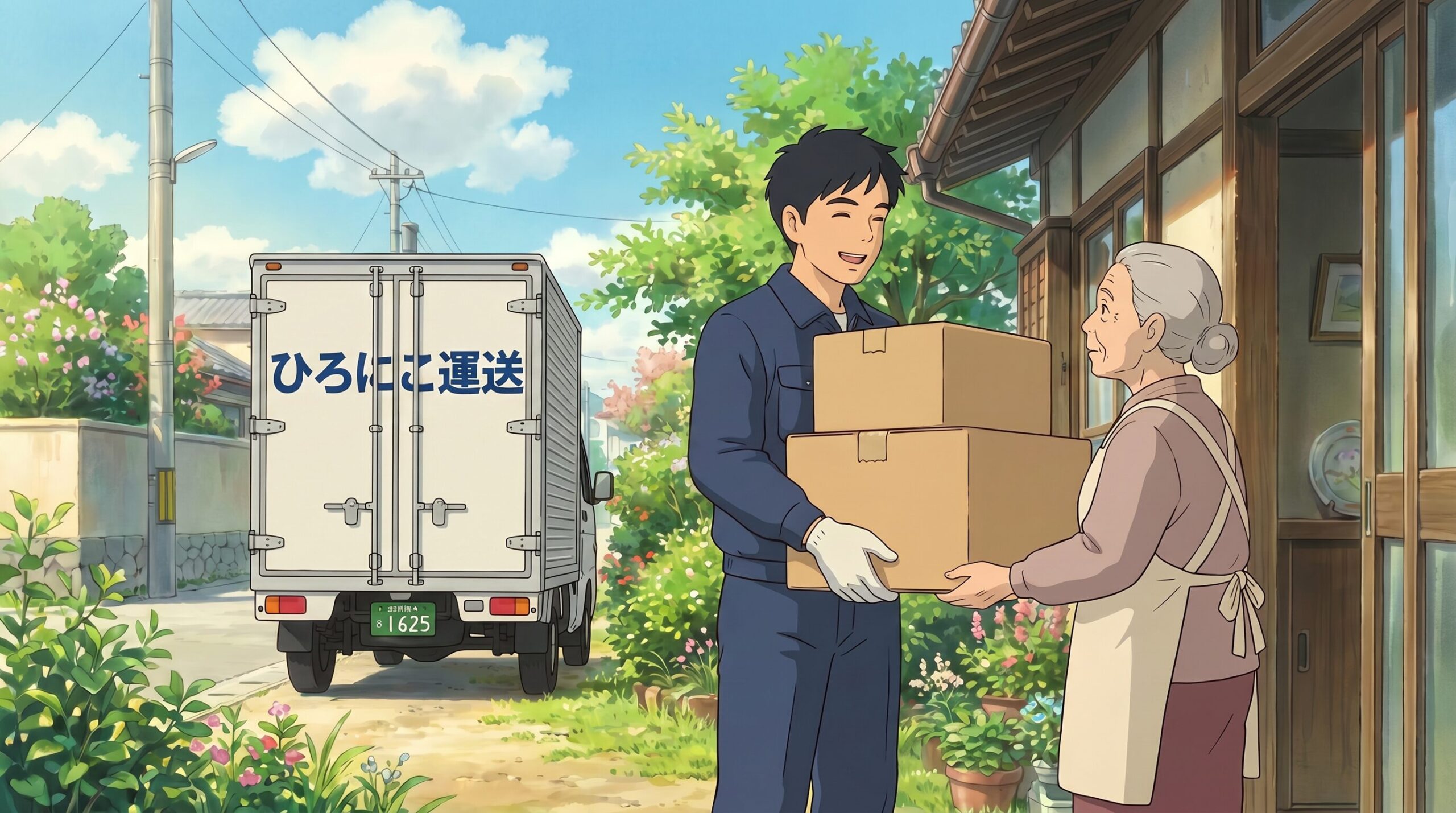 玄関先でお客さんに荷物を届ける若手ドライバーのイメージ（ひろにこ運送）