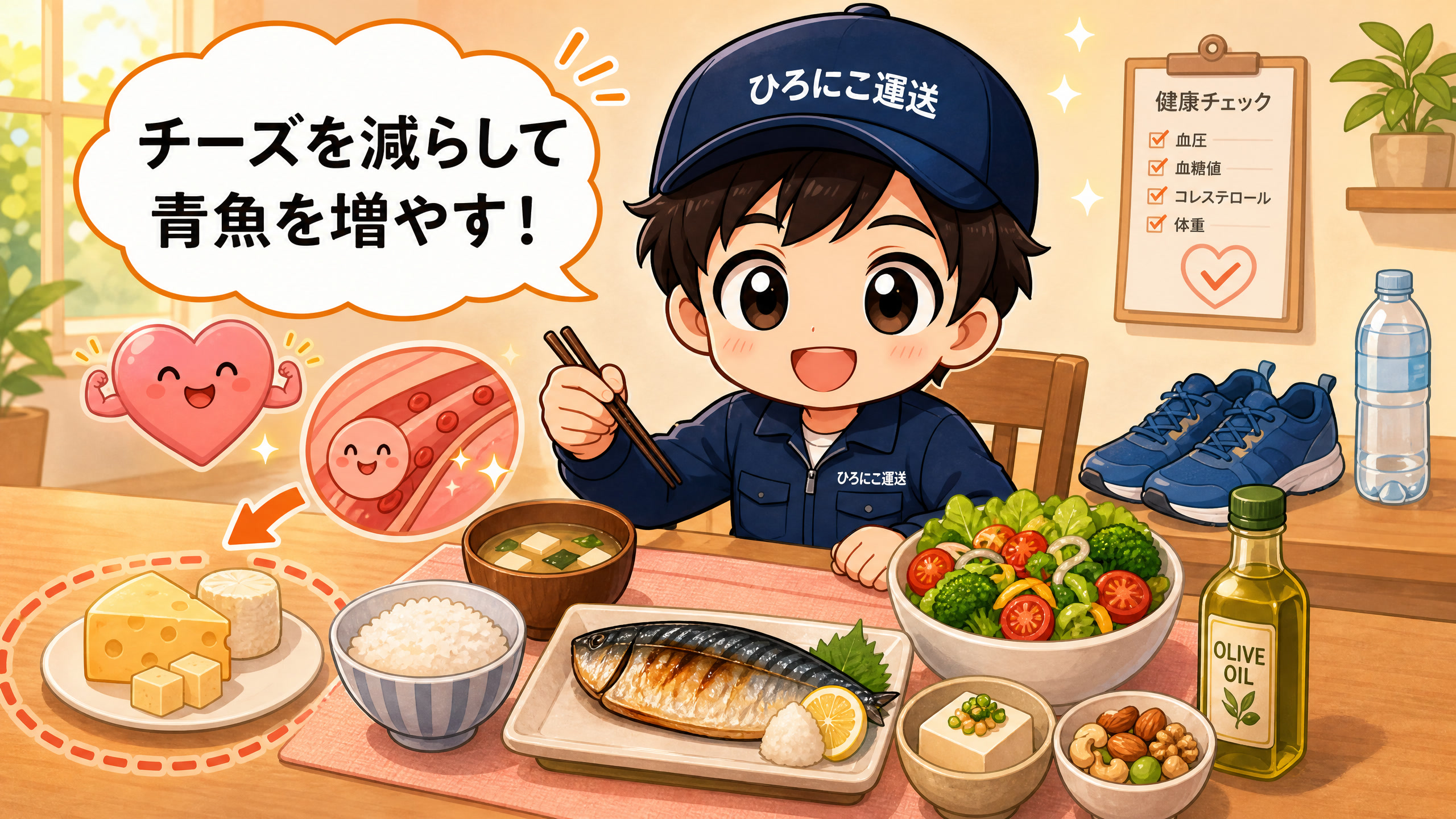 青魚や野菜、大豆製品、ナッツを食べる健康的なキャラクターのアニメイラスト
