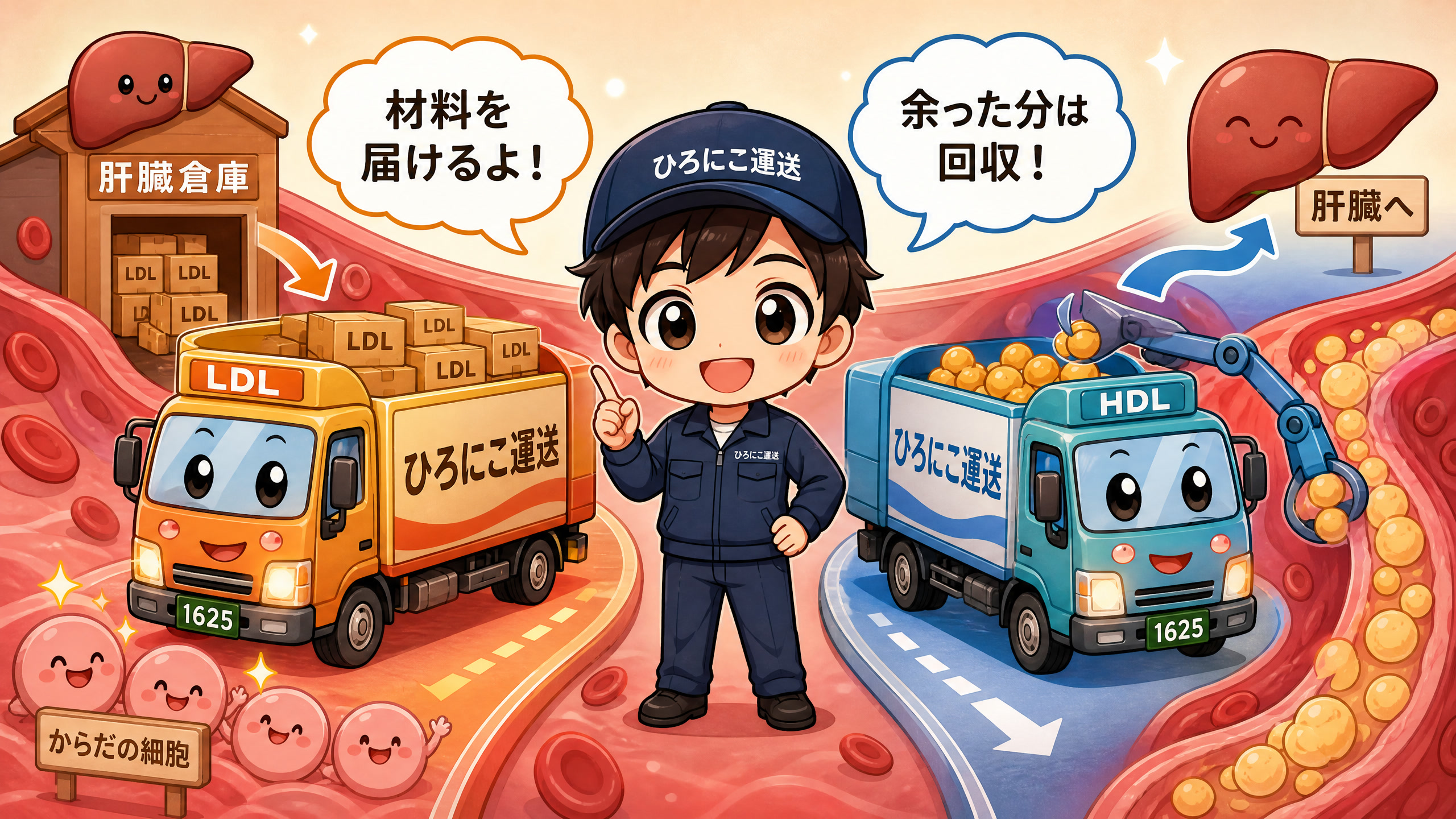 ひろにこ運送の配達トラックと回収トラックでLDLとHDLの役割を説明するアニメイラスト