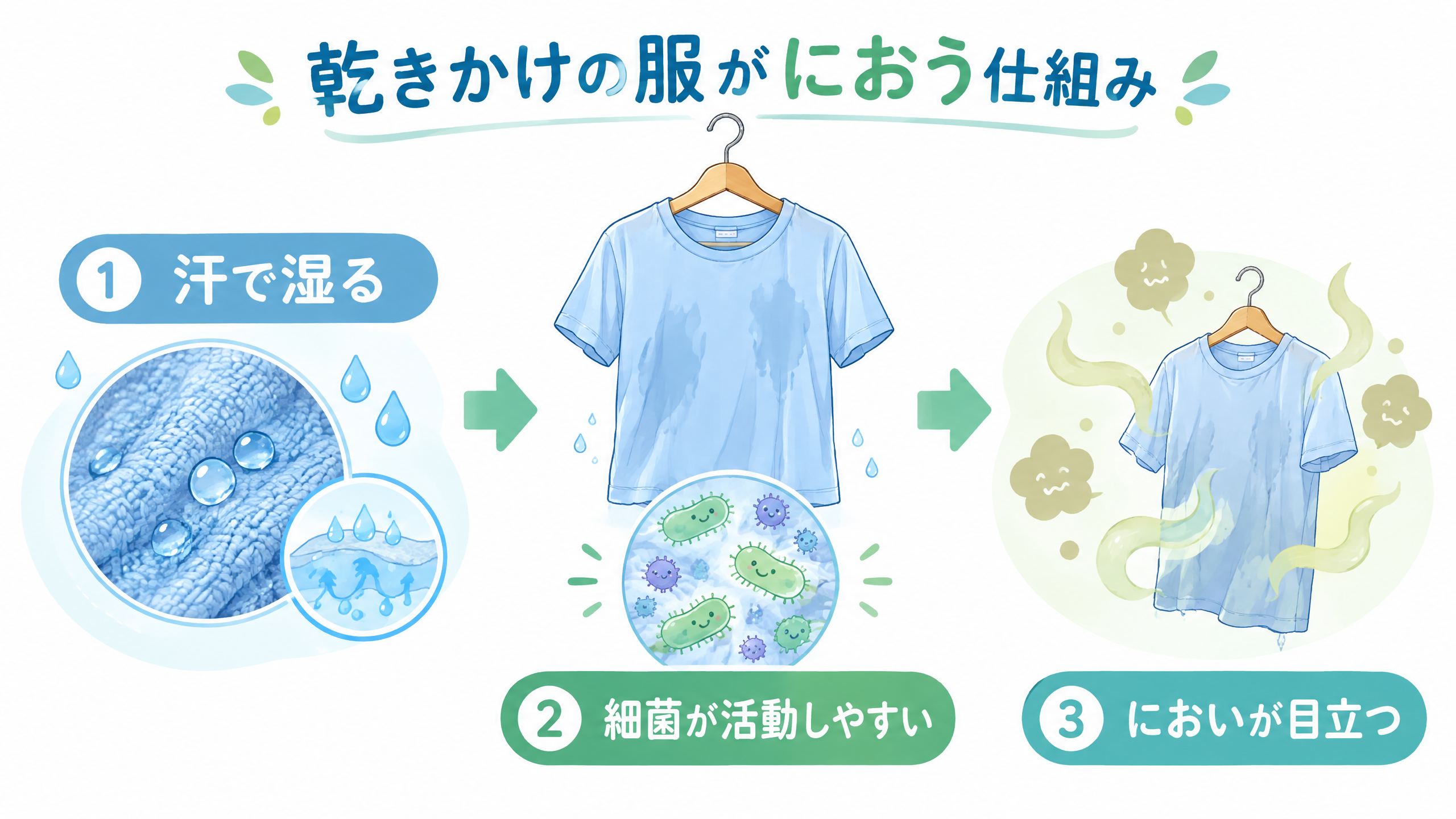 汗で湿ったTシャツで細菌が活動し、においが目立つまでの流れを示したイラスト