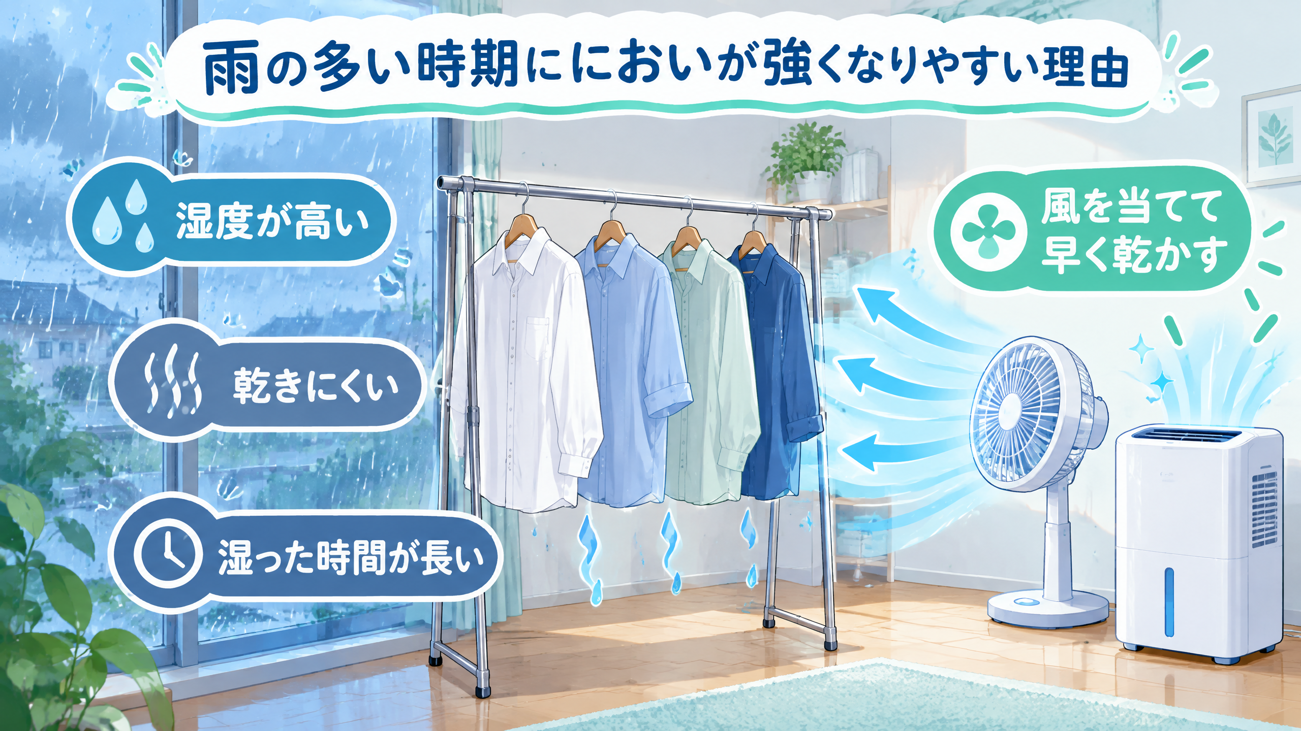 雨の日の室内干しで、湿度と乾きにくさをサーキュレーターと除湿機で補うイラスト