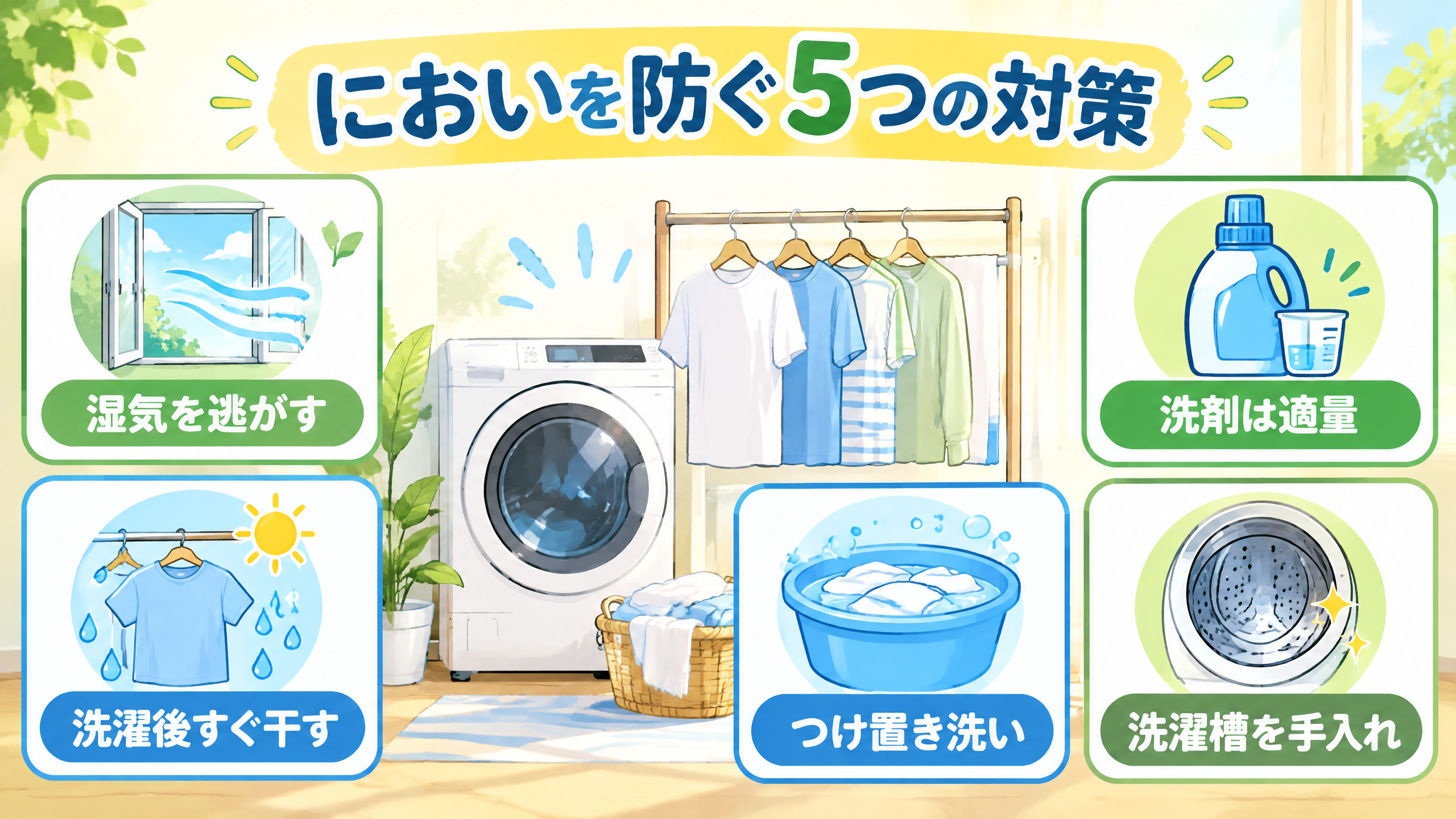 汗臭や生乾き臭を防ぐ5つの衣類ケア対策を示したイラスト