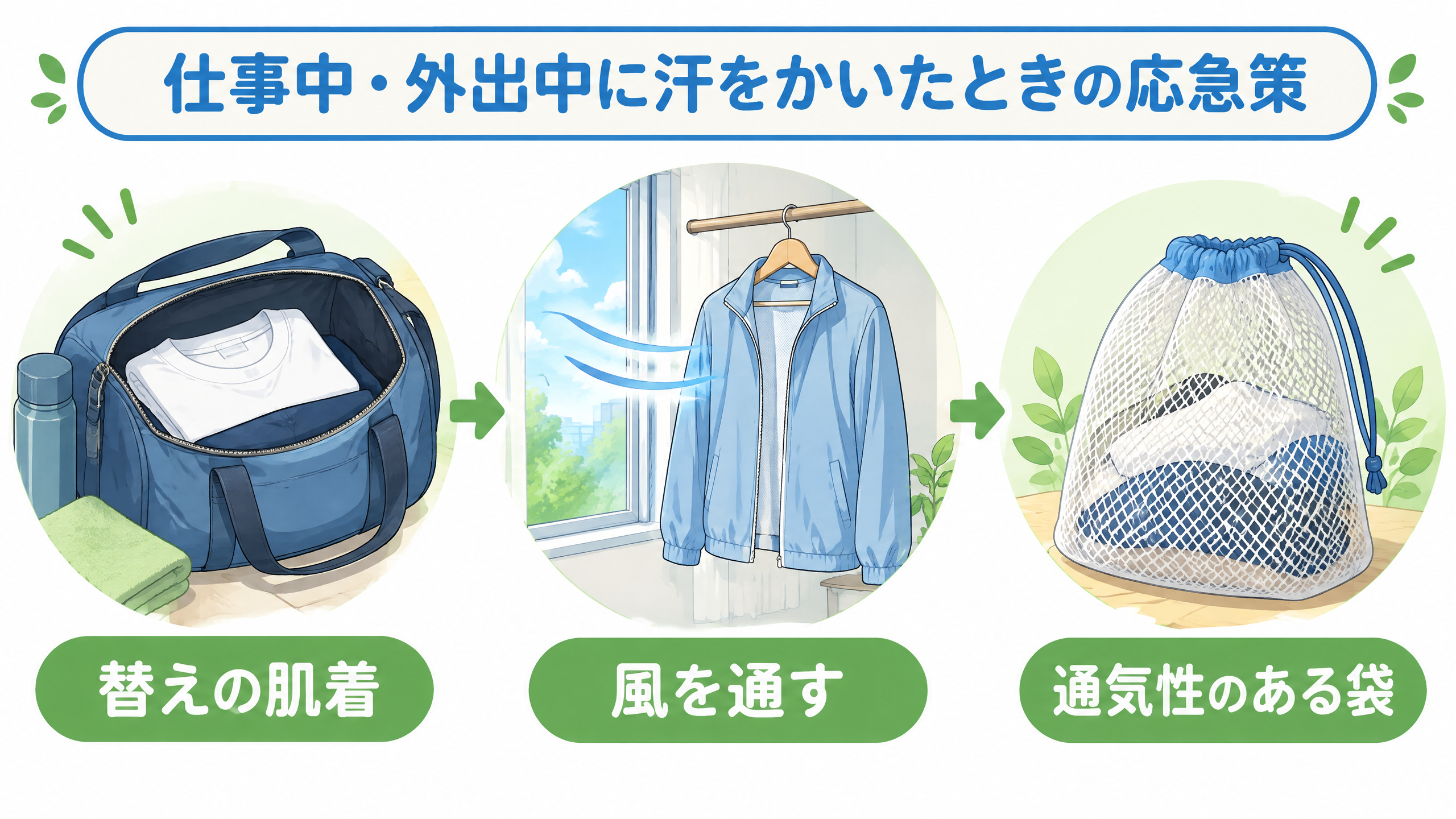 替えの肌着、風通し、通気性のある袋を使う外出中の衣類ケアを示したイラスト