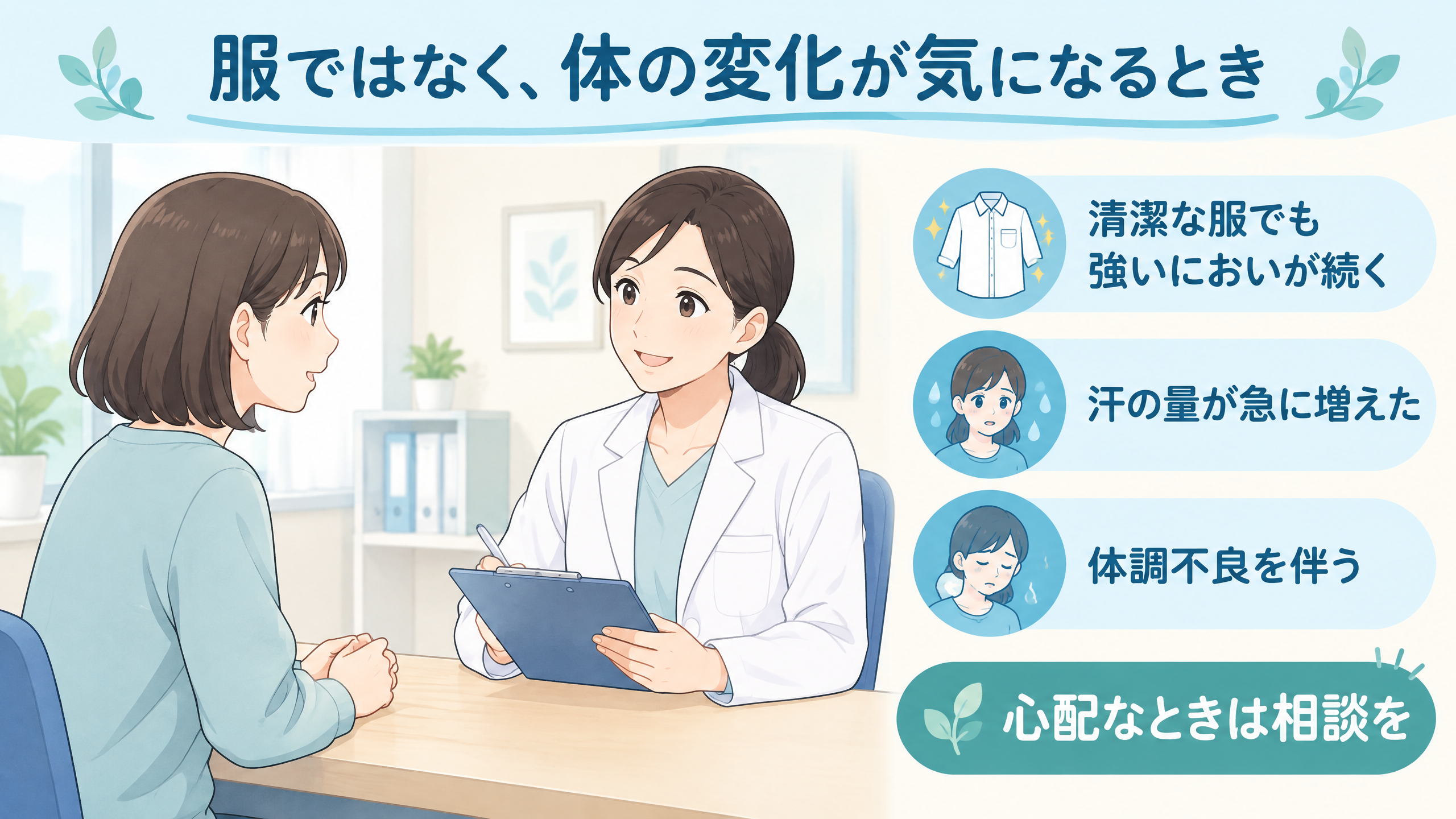 服のにおいだけでは説明しにくい変化が気になるときに、医療者へ相談する様子を示したイラスト