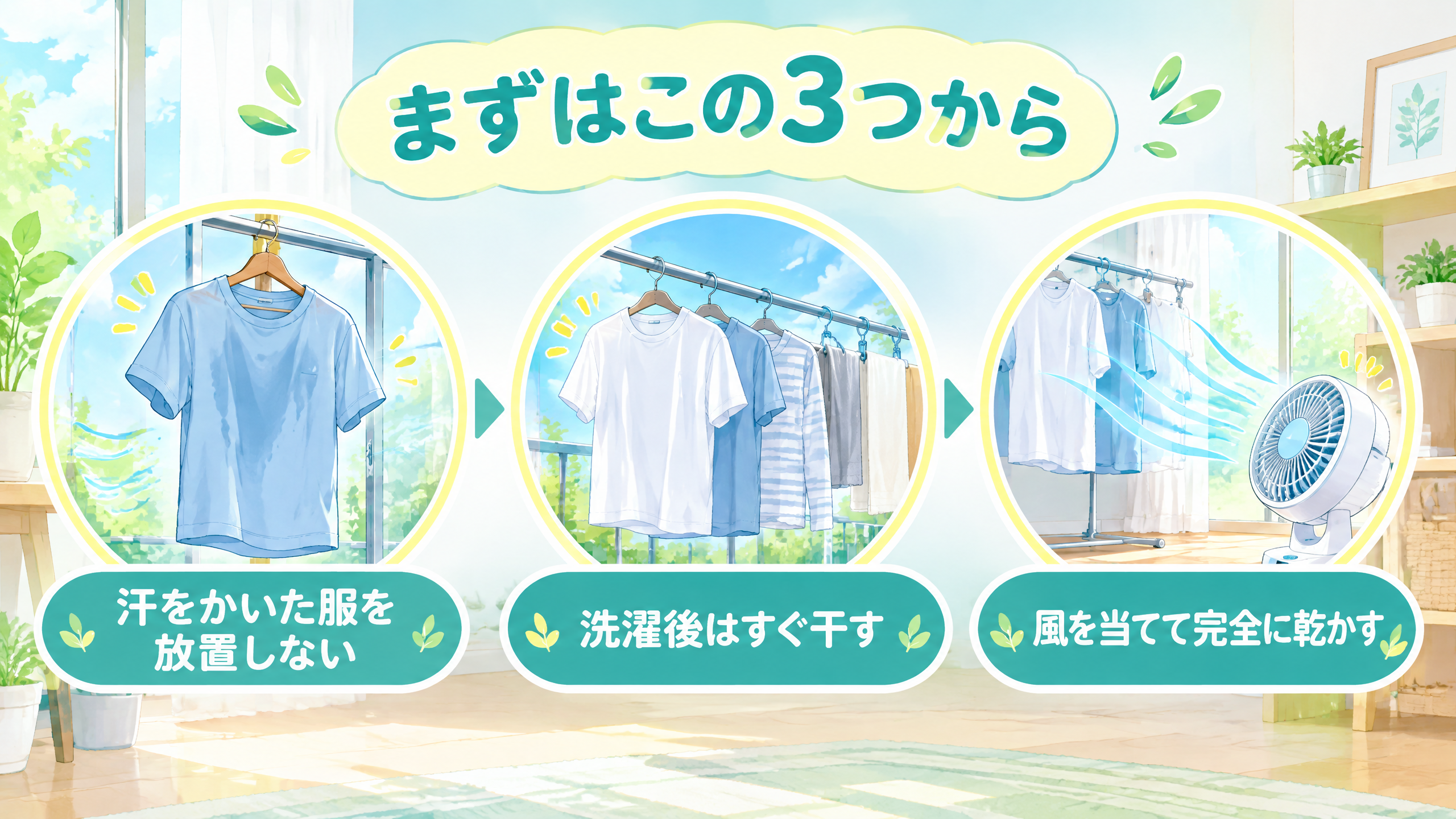 汗をかいた服を放置しない、すぐ干す、風を当てて完全に乾かすという3つの基本を示したイラスト