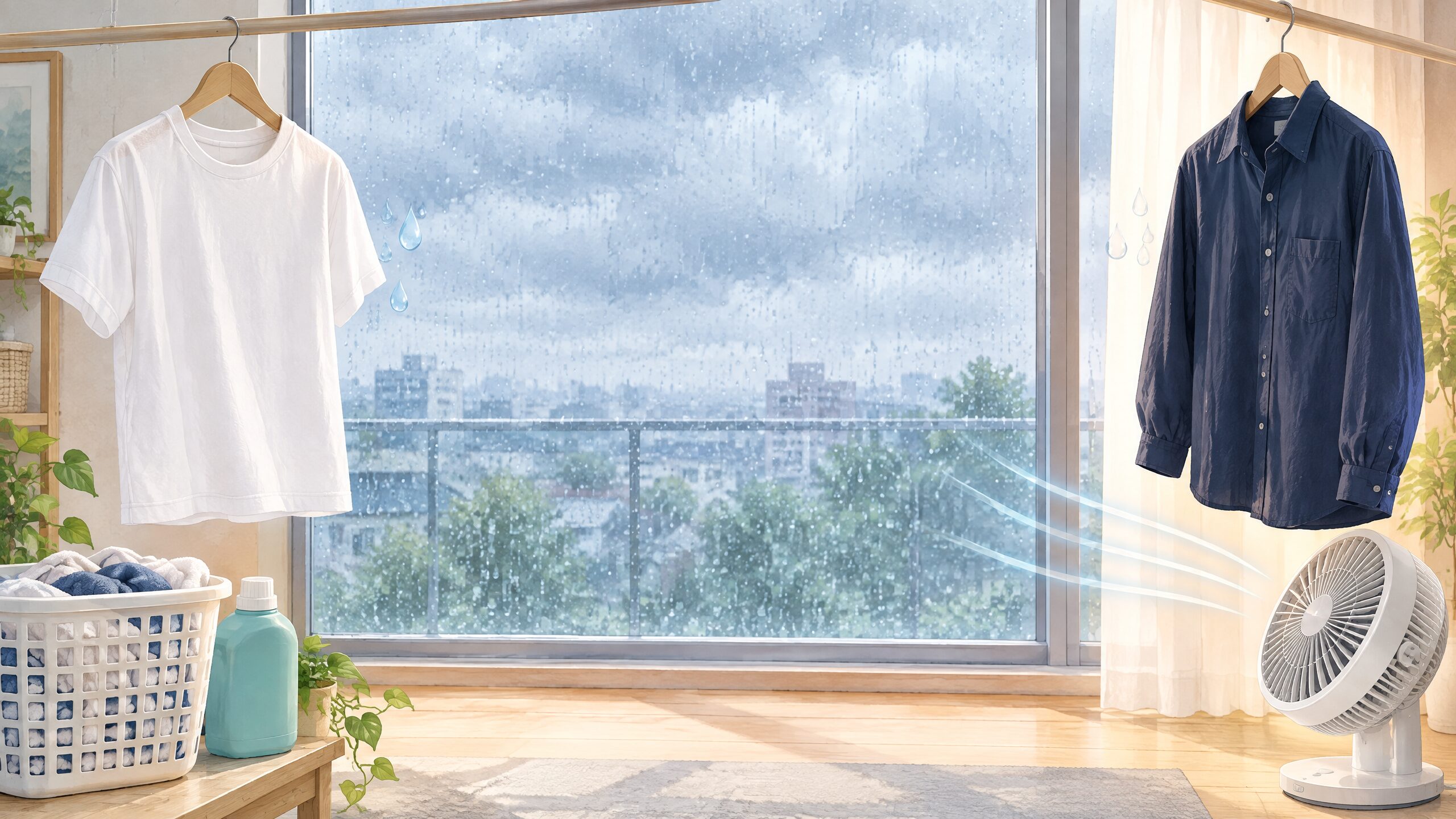 雨の日の室内で、Tシャツとシャツを間隔を空けて干し、サーキュレーターで風を当てている衣類乾燥のイラスト
